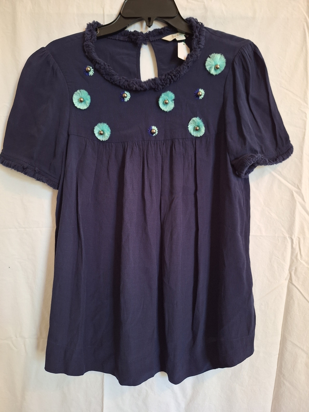 Boden Womens Embellished Yoke Tunic Top Blue Short Sleeve US Sz 4 Boho Peasant